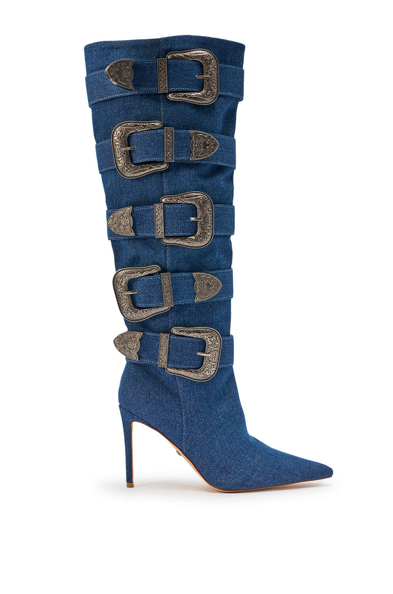 AKIRA GOLD FALLON DENIM BUCKLE EMBELLISHED STILETTO BOOT