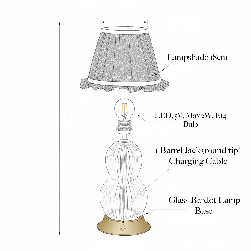 Glass Bardot Rechargeable Lamp with Olive Ikat Ruffle Shade (18cm)