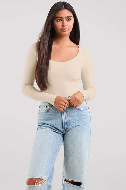 Long Sleeve Scoop Neck Bodysuit | Bone