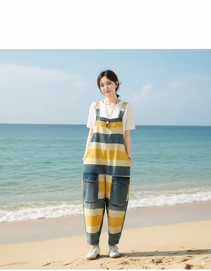 Trendy Striped Denim Cotton Overalls with Pockets - Eva Trends