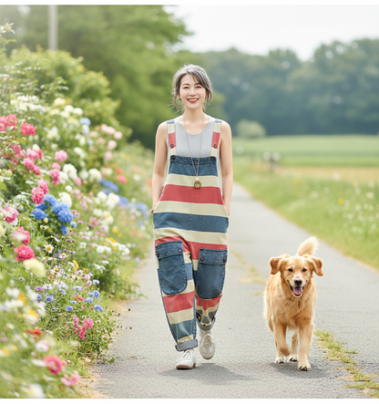 Trendy Striped Denim Cotton Overalls with Pockets - Eva Trends