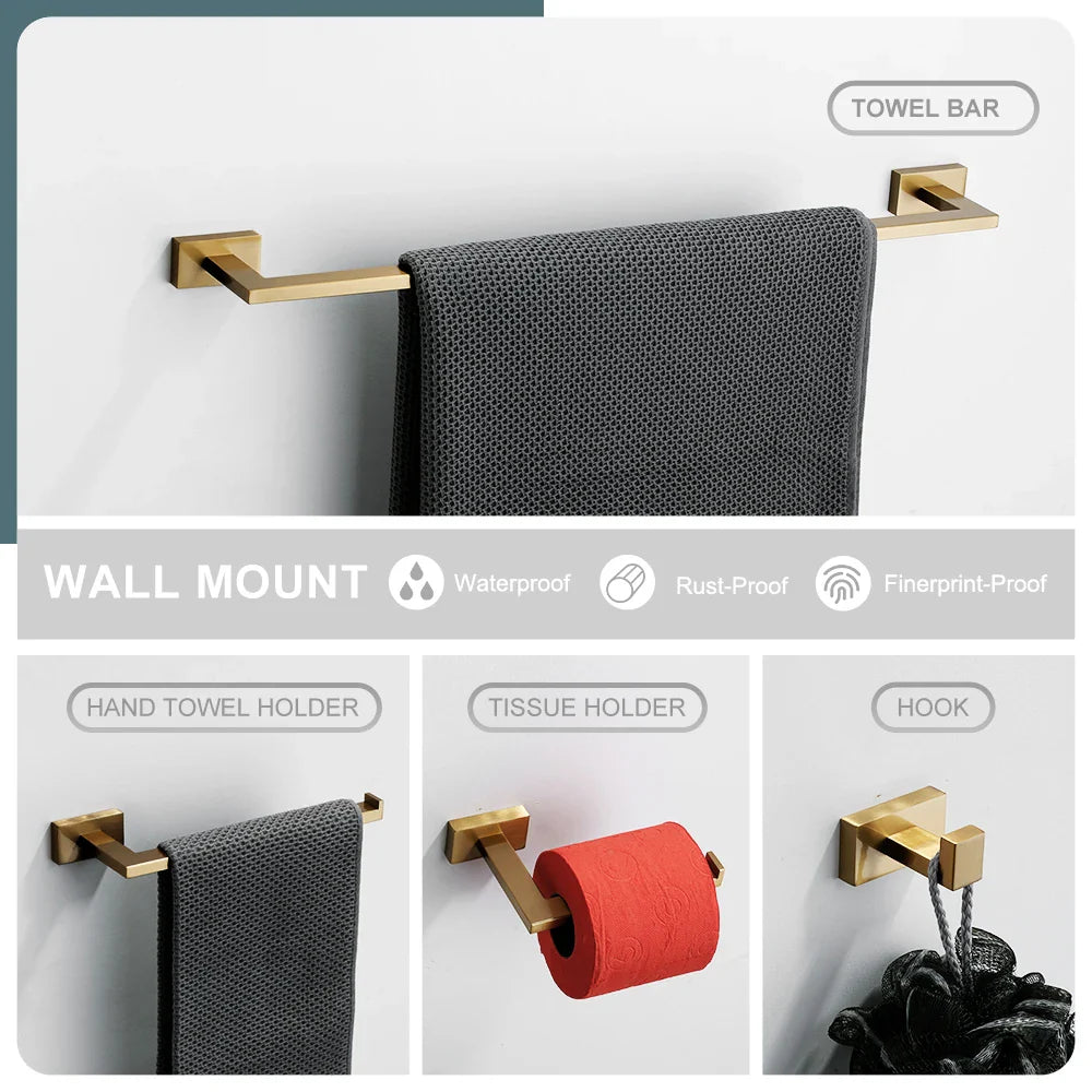 5 Piece Hotel Home Bathroom Accessories Set Brushed Gold Towel Bar/Hand Towel Holder/Hooks Bathroom Hardware Set