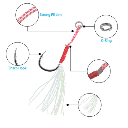 Slow Jig Assist Hooks with Feather – 100pcs, High-Carbon Steel, Sizes 11–15#, Saltwater