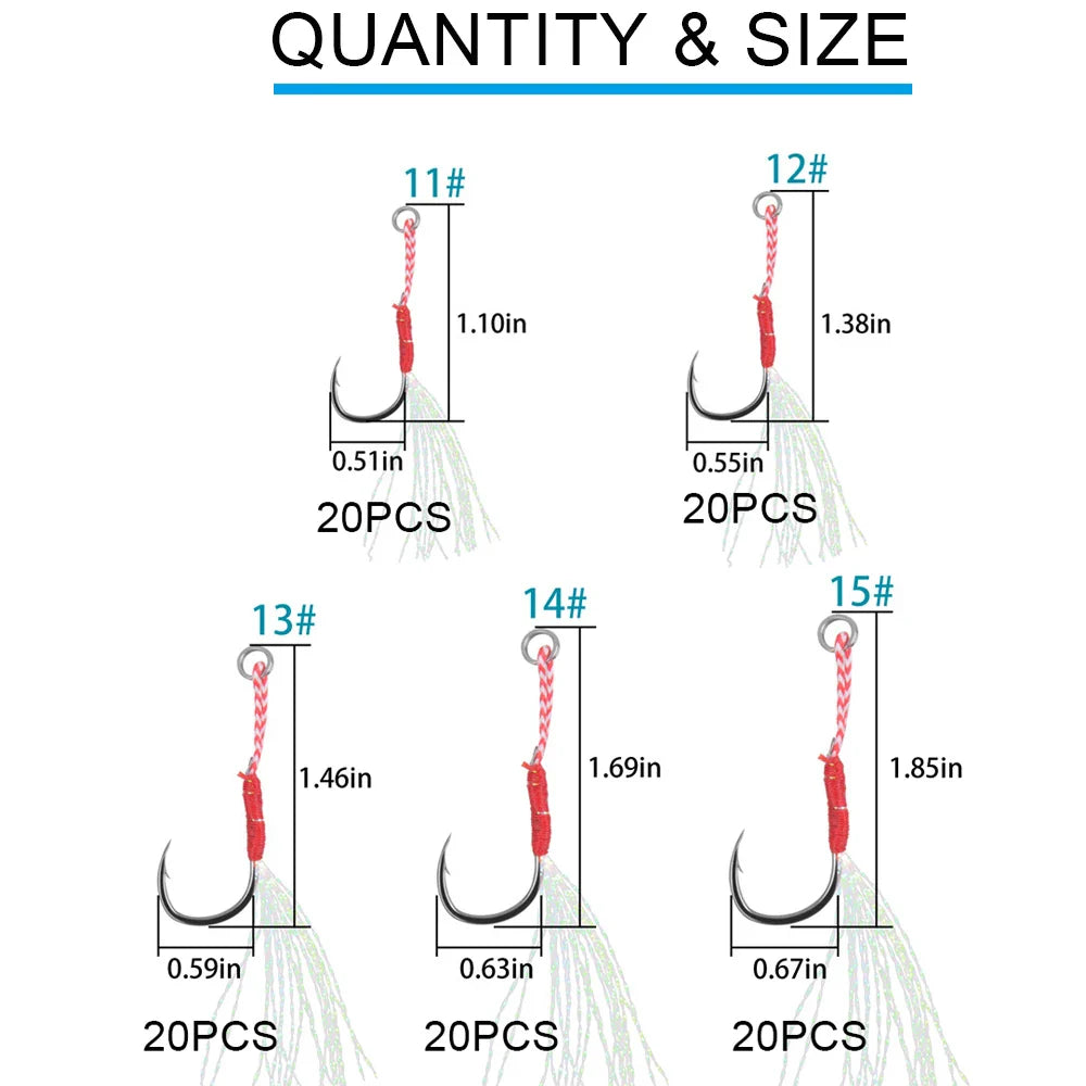 Slow Jig Assist Hooks with Feather – 100pcs, High-Carbon Steel, Sizes 11–15#, Saltwater