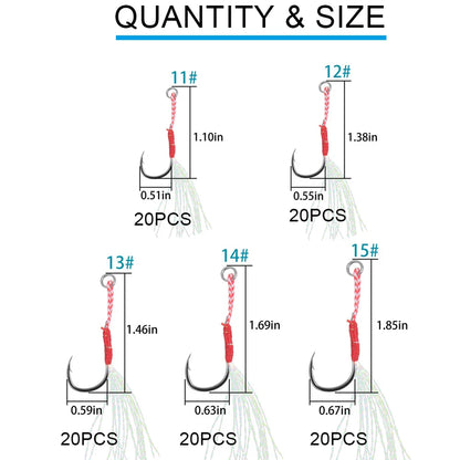 Slow Jig Assist Hooks with Feather – 100pcs, High-Carbon Steel, Sizes 11–15#, Saltwater
