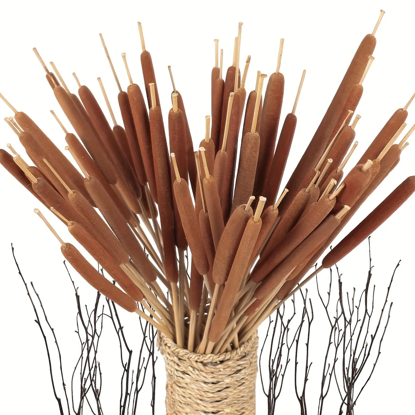 20pcs Realistic Dried Cattail Stems - Natural Brown, Long 17" Bundles for Wedding, Home, Office, Garden Decor - Rustic Floral