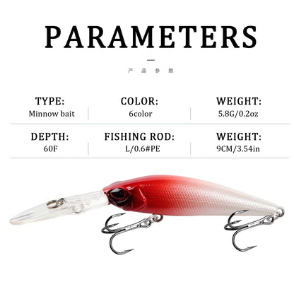Floating Minnow Fishing Lure – 9cm, 5.8g, Crankbait Wobbler, 6 Colors, Bass & Pike