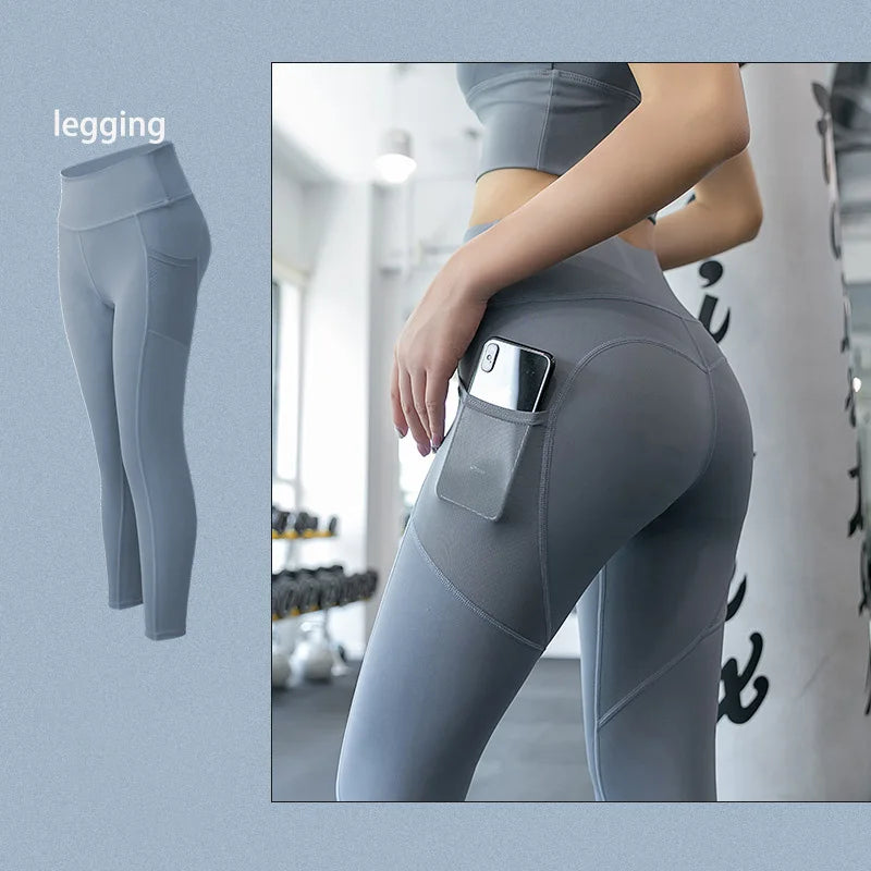2022 New Sportswear Long Sleeve Top Pants Yoga Suit High Waist Peach Buttocks Seamless Leggings With Mesh Pocket Fitness Gym Set
