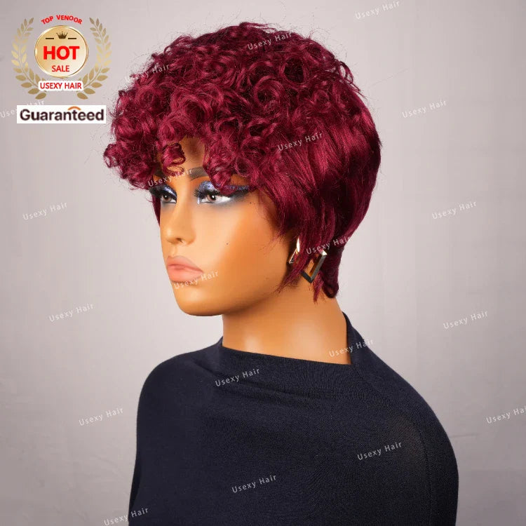 Burgundy Pixie Cut Wig Glueless Full Machine Made Human Hair Wig With Bangs 99J Colored Layered Wavy Different Style Short Wig