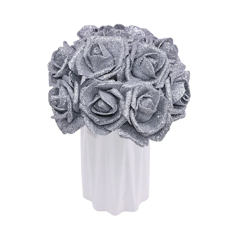 10pcs 6.5cm Glitter Foam Rose Artificial Flower Bridal Bouquet Fake Flower DIY Wreath Craft Christmas Wedding Party Home Decor