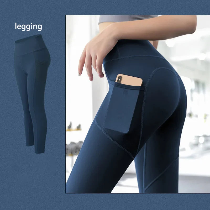 2022 New Sportswear Long Sleeve Top Pants Yoga Suit High Waist Peach Buttocks Seamless Leggings With Mesh Pocket Fitness Gym Set