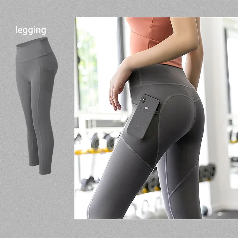 2022 New Sportswear Long Sleeve Top Pants Yoga Suit High Waist Peach Buttocks Seamless Leggings With Mesh Pocket Fitness Gym Set