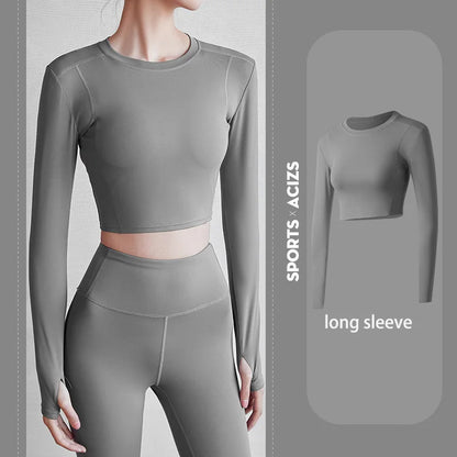 2022 New Sportswear Long Sleeve Top Pants Yoga Suit High Waist Peach Buttocks Seamless Leggings With Mesh Pocket Fitness Gym Set