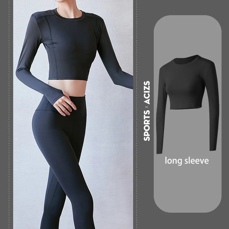 2022 New Sportswear Long Sleeve Top Pants Yoga Suit High Waist Peach Buttocks Seamless Leggings With Mesh Pocket Fitness Gym Set