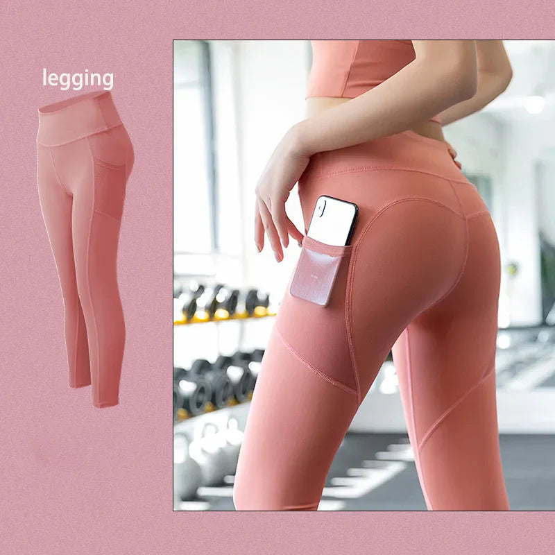 2022 New Sportswear Long Sleeve Top Pants Yoga Suit High Waist Peach Buttocks Seamless Leggings With Mesh Pocket Fitness Gym Set