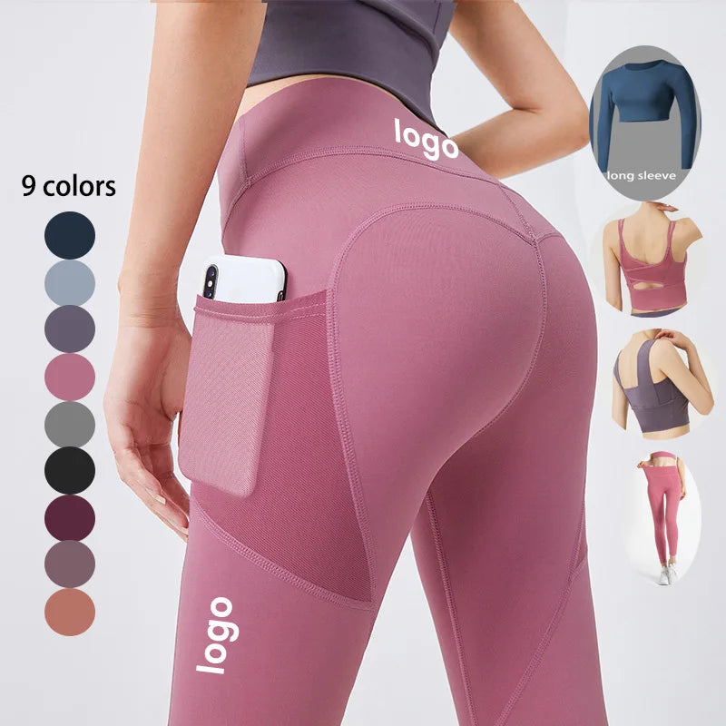 2022 New Sportswear Long Sleeve Top Pants Yoga Suit High Waist Peach Buttocks Seamless Leggings With Mesh Pocket Fitness Gym Set
