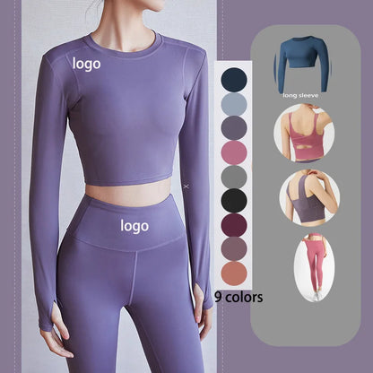 2022 New Sportswear Long Sleeve Top Pants Yoga Suit High Waist Peach Buttocks Seamless Leggings With Mesh Pocket Fitness Gym Set