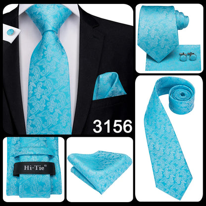 Hi-Tie Light Blue Solid Silk Wedding Nicktie For Men Hanky Cufflink Gift Men Tie Set Business Party Dropshipping Novelty Design