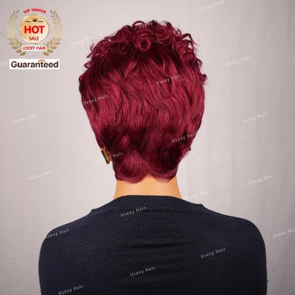 Burgundy Pixie Cut Wig Glueless Full Machine Made Human Hair Wig With Bangs 99J Colored Layered Wavy Different Style Short Wig