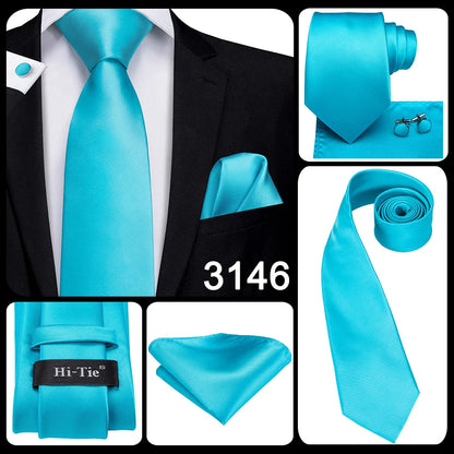 Hi-Tie Light Blue Solid Silk Wedding Nicktie For Men Hanky Cufflink Gift Men Tie Set Business Party Dropshipping Novelty Design