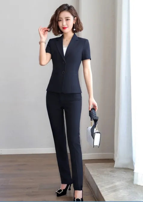 Naviu New Fashion Women Formal Suits Business Temperament Short Sleeve Slim Blazer and Trousers Office Ladies Work Wear