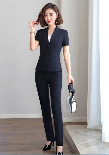 Naviu New Fashion Women Formal Suits Business Temperament Short Sleeve Slim Blazer and Trousers Office Ladies Work Wear