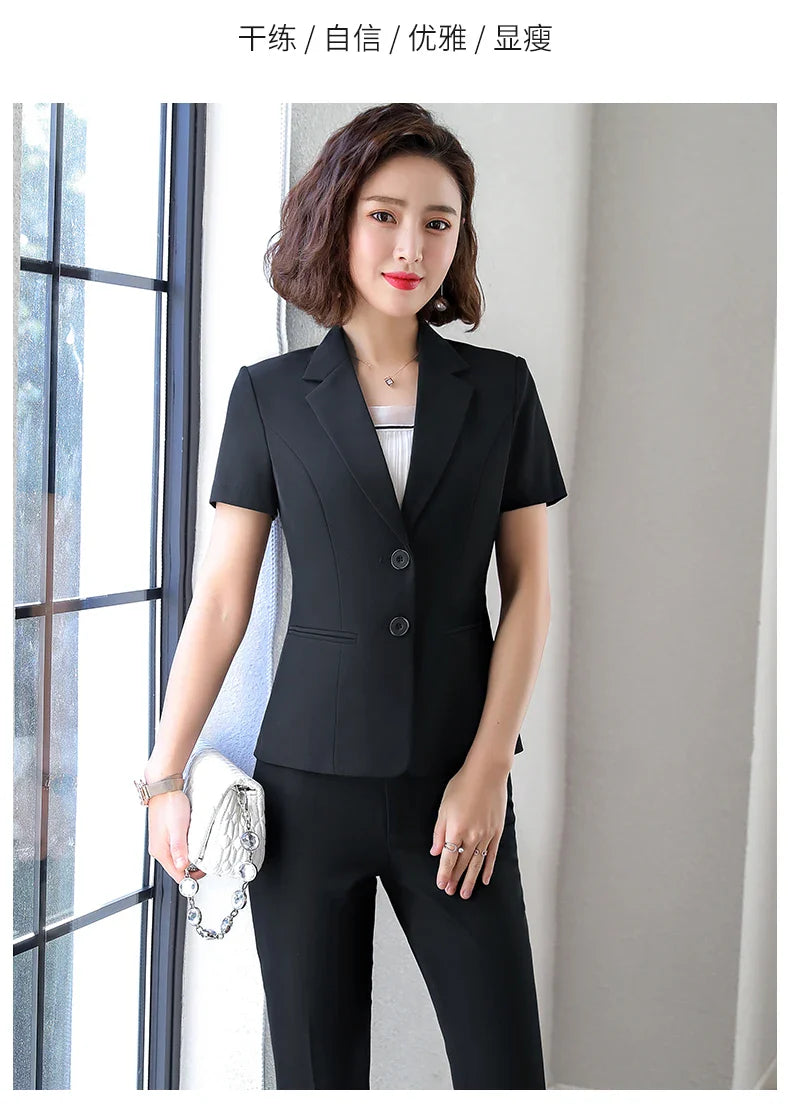 Naviu New Fashion Women Formal Suits Business Temperament Short Sleeve Slim Blazer and Trousers Office Ladies Work Wear