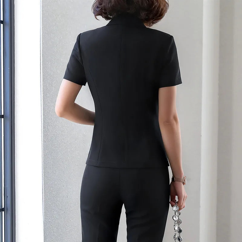 Naviu New Fashion Women Formal Suits Business Temperament Short Sleeve Slim Blazer and Trousers Office Ladies Work Wear