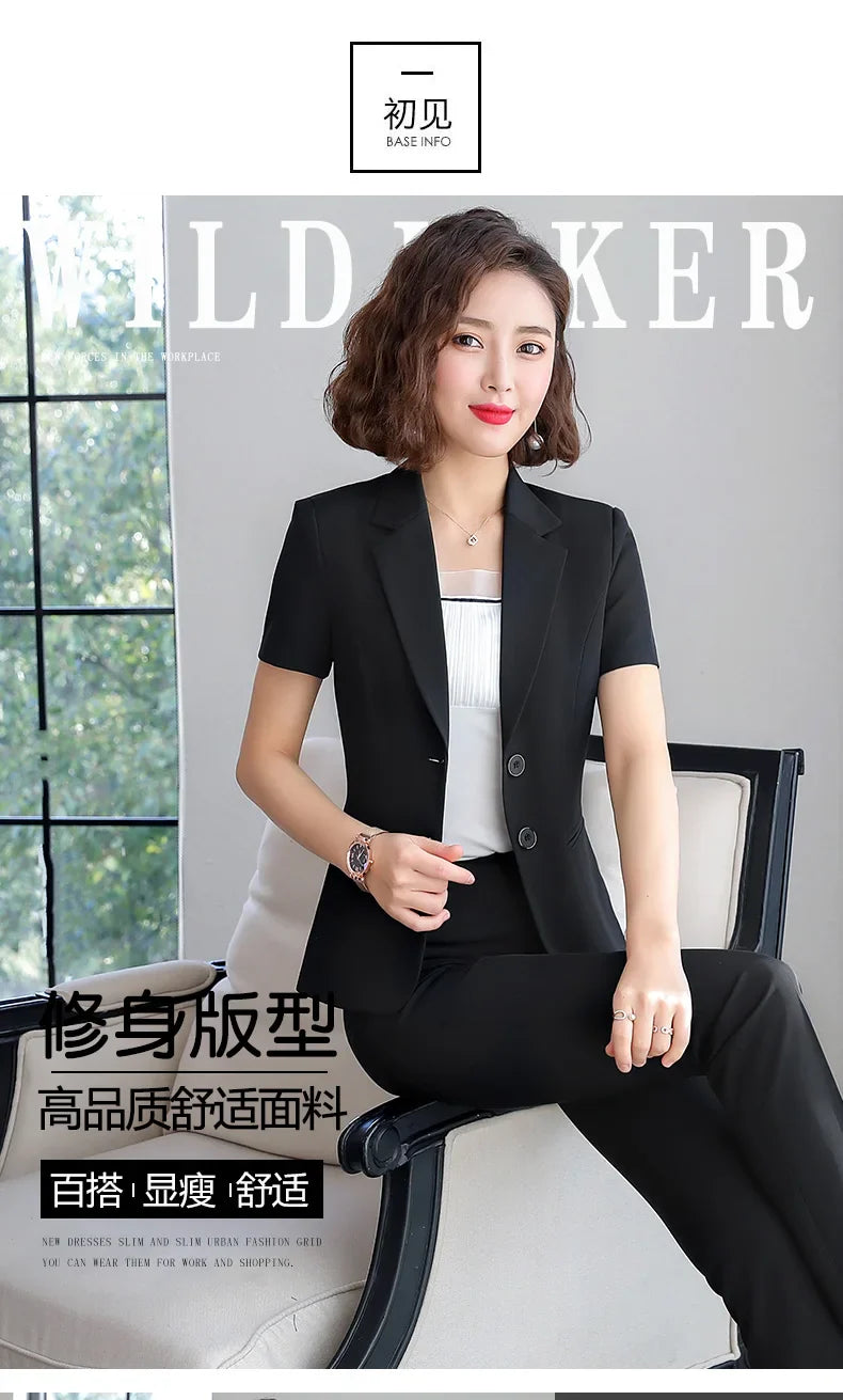 Naviu New Fashion Women Formal Suits Business Temperament Short Sleeve Slim Blazer and Trousers Office Ladies Work Wear