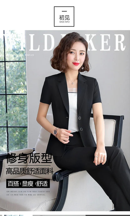 Naviu New Fashion Women Formal Suits Business Temperament Short Sleeve Slim Blazer and Trousers Office Ladies Work Wear