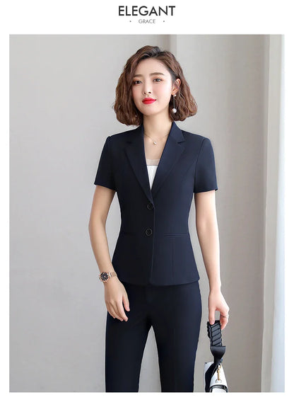 Naviu New Fashion Women Formal Suits Business Temperament Short Sleeve Slim Blazer and Trousers Office Ladies Work Wear