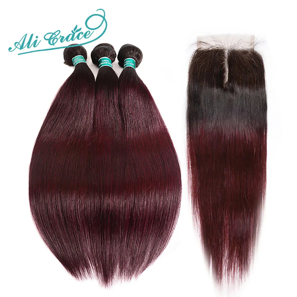 Ali Grace Hair Brazilian Straight Hair 3 Bundles Ombre Human Hair Weave With 4*4 Lace Closure 100% Remy Hair 1B/99J