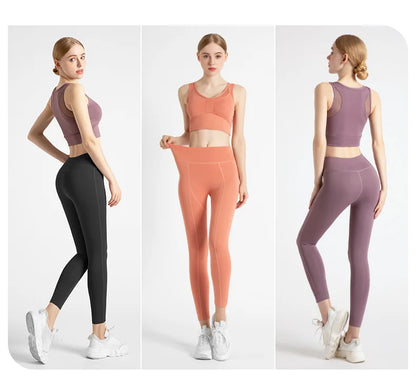 2022 New Sportswear Long Sleeve Top Pants Yoga Suit High Waist Peach Buttocks Seamless Leggings With Mesh Pocket Fitness Gym Set