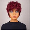Burgundy Pixie Cut Wig Glueless Full Machine Made Human Hair Wig With Bangs 99J Colored Layered Wavy Different Style Short Wig