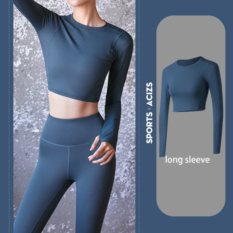 2022 New Sportswear Long Sleeve Top Pants Yoga Suit High Waist Peach Buttocks Seamless Leggings With Mesh Pocket Fitness Gym Set