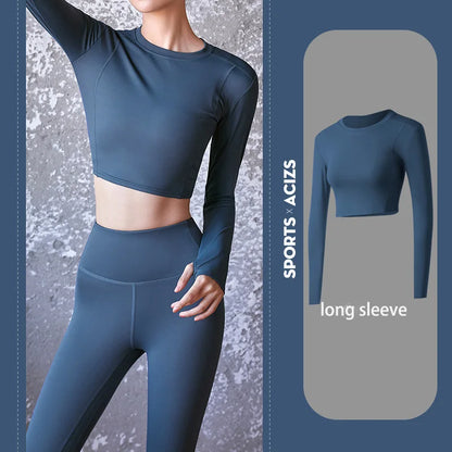 2022 New Sportswear Long Sleeve Top Pants Yoga Suit High Waist Peach Buttocks Seamless Leggings With Mesh Pocket Fitness Gym Set