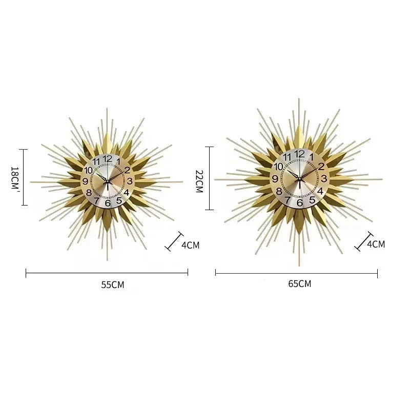55cm Golden Sun Clock Living Room Household Decor Iron Art Modern Nordic Luxury High-end Creative Hanging Watch Dropshipping DDP