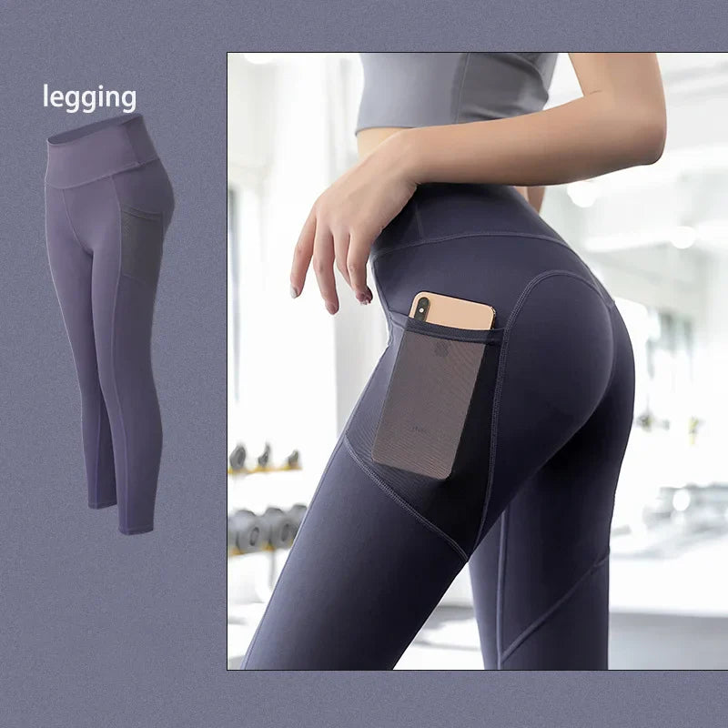 2022 New Sportswear Long Sleeve Top Pants Yoga Suit High Waist Peach Buttocks Seamless Leggings With Mesh Pocket Fitness Gym Set