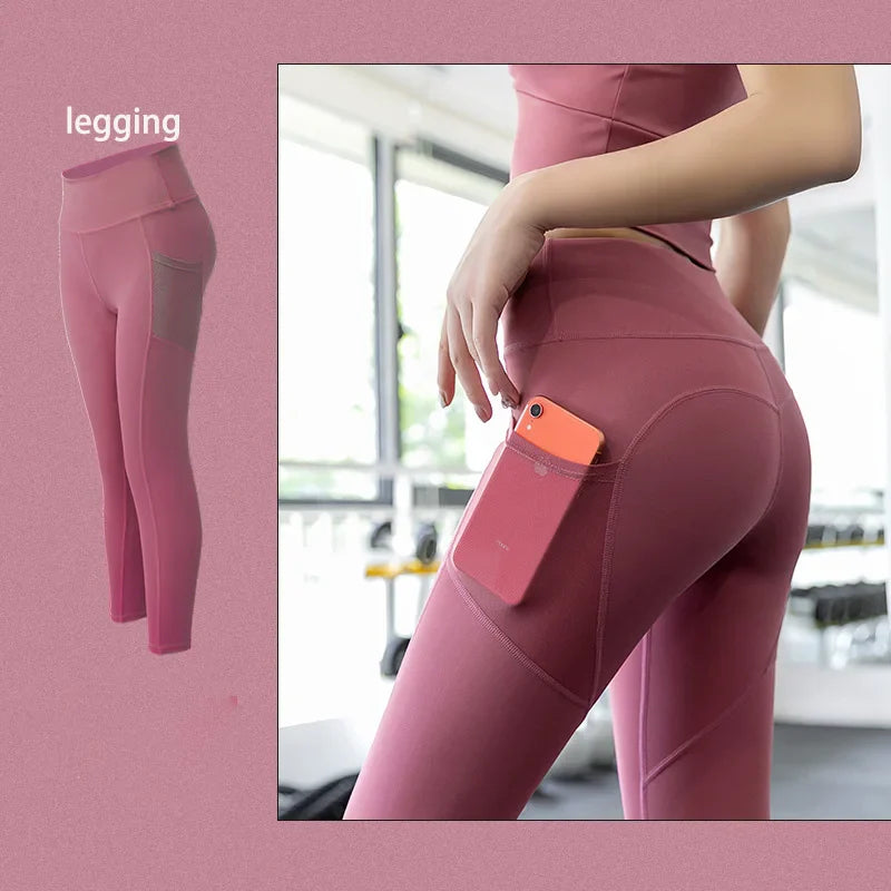 2022 New Sportswear Long Sleeve Top Pants Yoga Suit High Waist Peach Buttocks Seamless Leggings With Mesh Pocket Fitness Gym Set