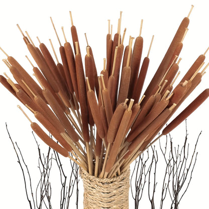 20pcs Realistic Dried Cattail Stems - Natural Brown, Long 17" Bundles for Wedding, Home, Office, Garden Decor - Rustic Floral