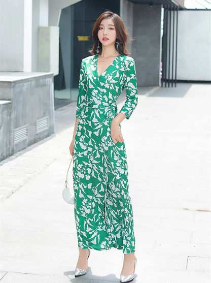 FANIECES Summer Wrap Dresses Women Sexy V Neck Split Maxi Dress Print Female Casual Beachwear Lace Up Party Vestidos Robe платье