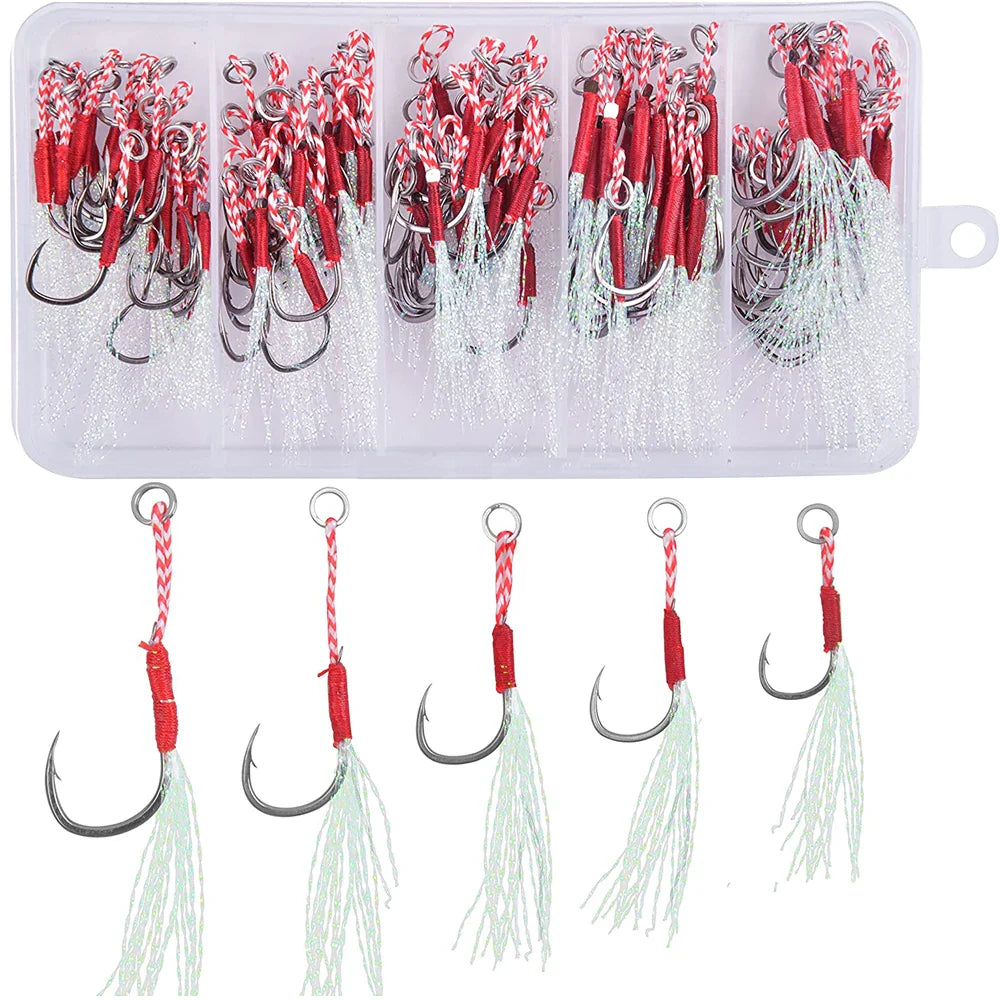 Slow Jig Assist Hooks with Feather – 100pcs, High-Carbon Steel, Sizes 11–15#, Saltwater