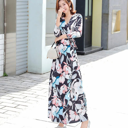FANIECES Summer Wrap Dresses Women Sexy V Neck Split Maxi Dress Print Female Casual Beachwear Lace Up Party Vestidos Robe платье