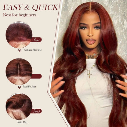 34 Inch Reddish Brown Body Wave HD Lace Front Human Hair Wig PrePlucked 13x4 Colored Human Hair Glueless Lace Frontal Wigs