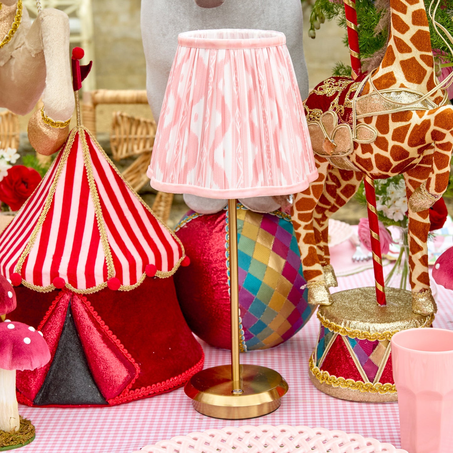 Tall Rechargeable Lamp with Pink Ikat Shade (18cm)