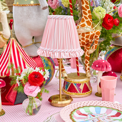 Tall Rechargeable Lamp with Pink Striped Ruffle Shade (18cm)