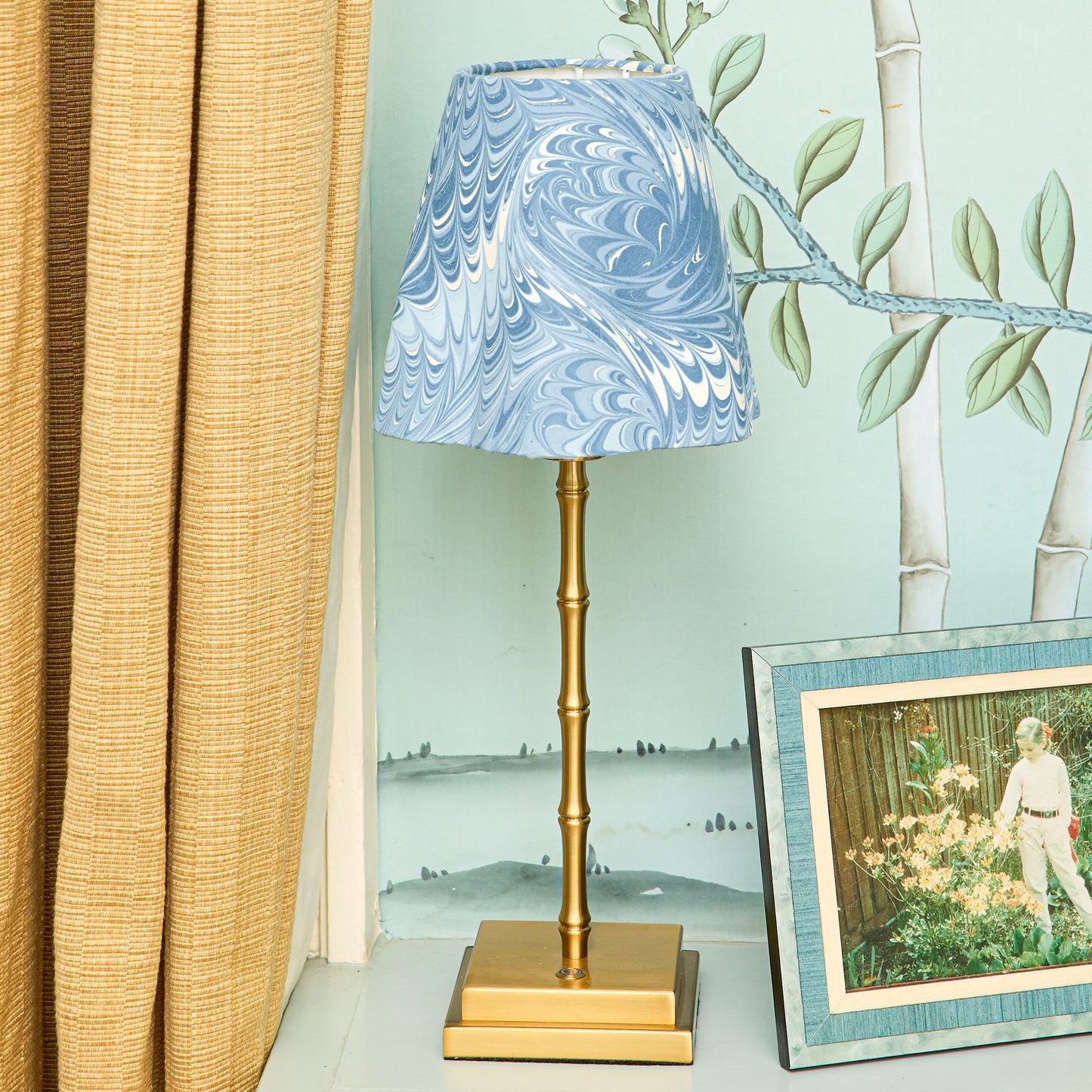 Lucille Metal Bamboo Rechargeable Lamp with Blue Marble Shade (18cm)