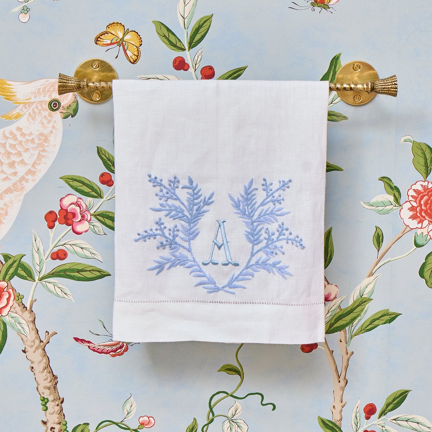 White & Blue Garland Embroidered Linen Hand Towel