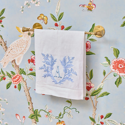 White & Blue Garland Embroidered Linen Hand Towel