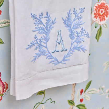 White & Blue Garland Embroidered Linen Hand Towel